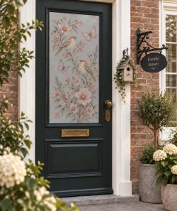 Bedrukte raamfolie voordeur mussen en vlinders tussen pastelbloemen1